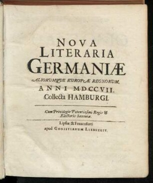 5: Nova literaria Germaniae, aliorumque Europae regnorum, collecta Hamburgi