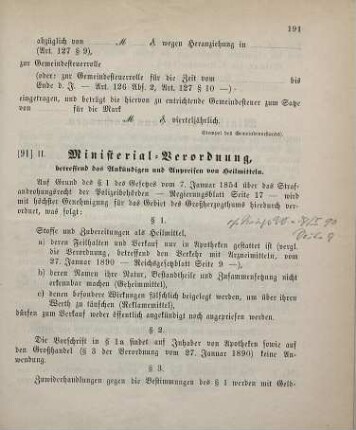 91. Ministerial-Verordnung, das Ankündigen und Anpreisen von Heilmitteln betreffend