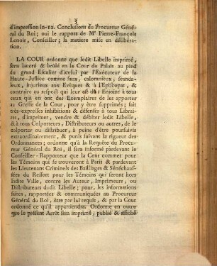 Arrest De La Cour De Parlement, Qui condamne un Libelle imprimé ayant pour titre: La Religion à l'Assemblée du Clergé de France; Poëme, à être laceré & brûlé par l'Exécuteur de la Haute-Justice : Extrait Des Registres Du Parlement. Du 11 Juin 1762.