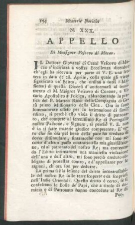 N. XXX. Appello di Monsignor Vescovo di Macao