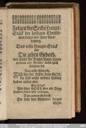 Das erste Haupt-Stück sind Die zehen Geboth wie solche ein Haus-Vater seinen Kindern und Gesinde einfältiglich fürhalten soll.