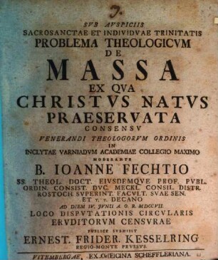 Problema theologicum de massa, ex qua Christus natus, praeservata