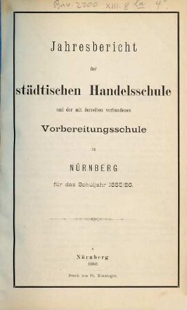 Jahresbericht der Städtischen Handelsschule in Nürnberg : Schuljahr .... 1885/86