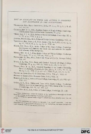 List of scholars thowhom the author is indebted for assistance in the inscription