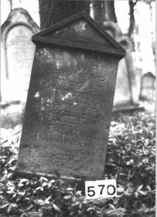 Grabstein 570 (Index: 99900756) Material: Sandstein Zustand: stark verwittert Maße HxBxT: 101x49x18 cm Beschreibung: Stele mit Giebelabschluss Besonderheit: Kindergrab: Grabstein 570