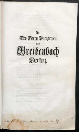 An Des Herrn Burggrafen von Breidenbach Excellenz