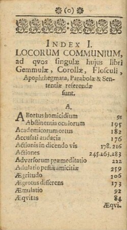 Index I. Locorum Communium, ad qvos singulæ hujus libri Gemmulæ, Corollæ, Flosculi, Apophthegmata, Parabolæ & Sententiæ referendæ sunt.