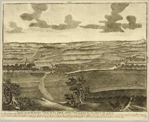 Die Landschaft um Altranstädt (Markranstädt) bei Leipzig mit Blick nach Nordwesten bis zum Petersberg und der Stadt Halle, Hauptquartier des schwedischen Königs Karl XII im Großen Nordischen Krieg 1706/1707