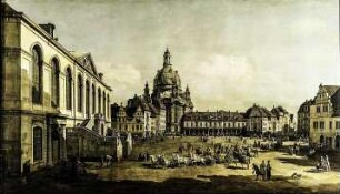 Ansicht des Neumarktes zu Dresden / Galerie Royale (Stallhof) und Frauenkirche, vom Jüdenhof aus