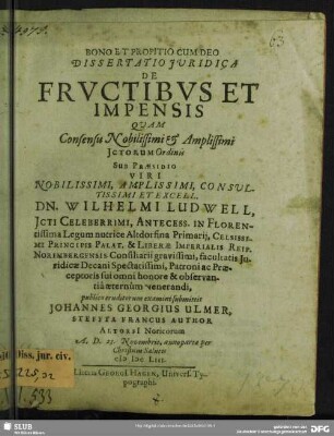 De Fructibus Et Impensis : A. D. 23. Novembris ... MDCLIII.