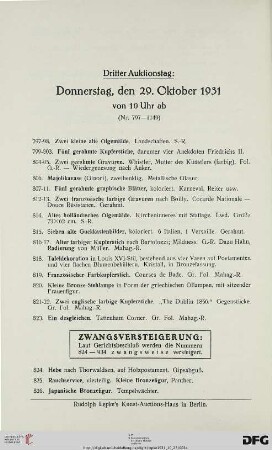 Dritter Auktionstag: Donnerstag, den 29. Oktober 1931, von 10 Uhr ab (Nr. 797-1149)