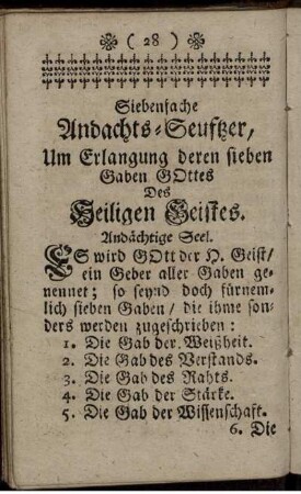 Siebenfache Andachts-Seuftzer, Um Erlangung deren sieben Gaben Gottes Des Heiligen Geistes.
