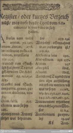 Register / oder kurtzes Verzeichnüß/ was diese beyde Theil vom Antimonio lehren unnd in sich halten.