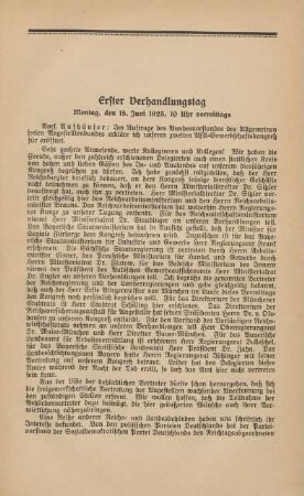 Erster Verhandlungstag Montag, den 15. Juni 1925, 10 Uhr vormittags