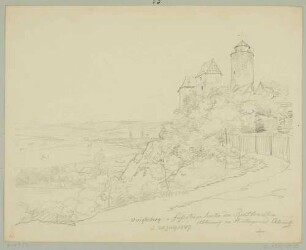 Schloss Voigtsberg (früher Burg Voigtsberg) in Oelsnitz-Voigtsberg im Vogtland, von Nordosten, im Hintergrund die Ortschaft Oelsnitz, Vorzeichnung