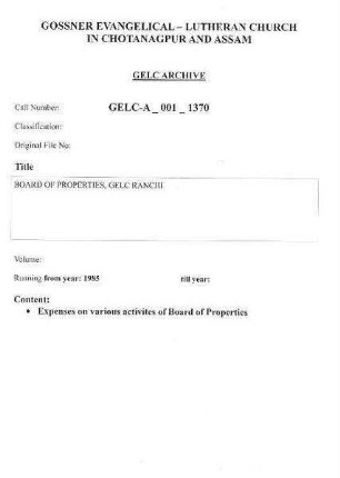BOARD OF PROPERTIES GELC, RANCHI