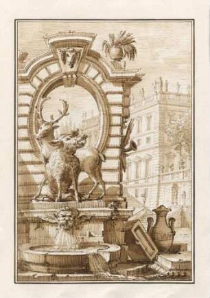 Architekturphantasie mit Brunnenanlage mit Wildschwein und Hirsch, aus den "Disegni di Prospettiva Ideale", Bl. 34