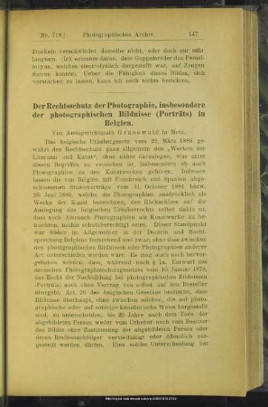 der Rechtsschutz der Photographie, insbesondere der photographischen Bildnisse (Porträts) in Belgien