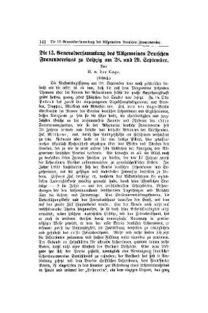 Die 13. Generalversammlung des Allgemeinen Deutschen Frauenvereins zu Leipzig am 28. und 29. September : (Schluß)