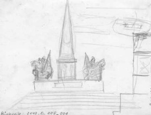 Entwurf für eine Denkmalsanlage mit Obelisk (vielleicht zur Erinnerung an die Napoleonischen Befreiungskriege) : Entwurf für eine Denkmalsanlage mit Obelisk (vielleicht zur Erinnerung an die Napoleonischen Befreiungskriege). Bleistiftzeichnung auf Fotopapier; 11,6 x 15,5 cm (um 1913/1914; C. Brose)