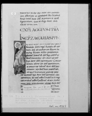 Ms. 1, Goderannus-Bibel, fol. 271v, Initiale O, Prophet mit Schriftband