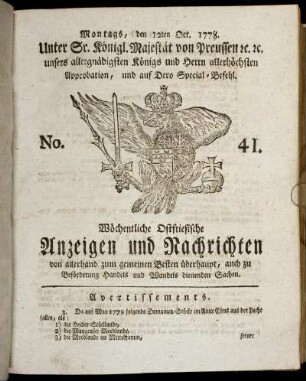 No. 41. Montags, den 12ten Oct. 1778.