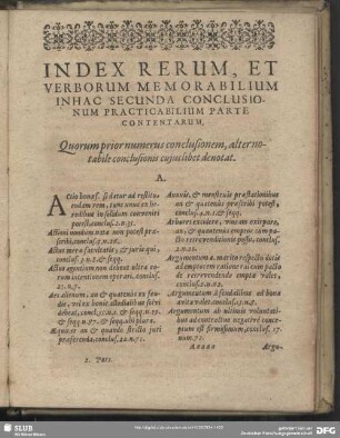 Index Rerum, Et Verborum Memorabilium Inhac Secunda Conclusionum Practicabilium Parte Contentarum