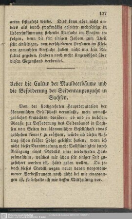 Ueber die Cultur der Maulbeerbäume und die Beförderung der Seidenraupenzucht in Sachsen