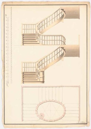Entwürfe für Treppen: Dreiläufige, zweifach abgewinkelte Treppe mit Podesten und ovalem Treppenauge, Geländer: Ansicht, Grundriss, Maßstabsleiste (Fuß)
