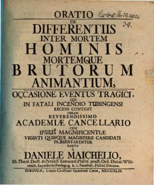 Oratio de differentiis, inter mortem hominis mortemque brutorum animantium
