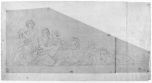 Entwurf zum Nordgiebel : Rietschel, Ernst. Nordgiebel des Berliner Opernhauses: "Die Musik zwischen Ballett und Oper". Entwurf zum Nordgiebel. Durchzeichnung auf Transparentpapier; 17,1 x 39,1 cm. Um 1843. Privatbesitz. WVZ 291 b