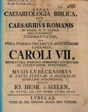 Caesareologia biblica, s. de caesaribus rom. in sacro N. T. codice diserte nominatis commentatio