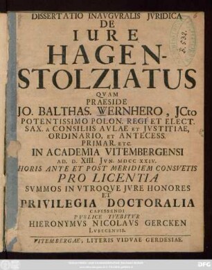 Dissertatio Inavgvralis Jvridica De Iure Hagenstolziatus