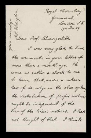 Nr. 4: Brief von Arthur Stanley Eddington an Karl Schwarzschild, London, 29.12.1911