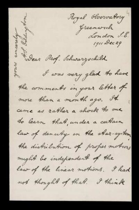 Nr. 4: Brief von Arthur Stanley Eddington an Karl Schwarzschild, London, 29.12.1911