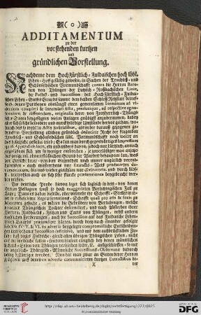 Additamentum zu der vorstehenden kurtzen und gründlichen Vorstellung