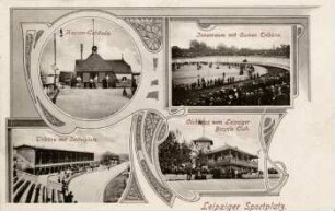Leipziger Sportplatz: Kassen-Gebäude, Innenraum mit Curven Tribüne, Tribüne mit Sattelplatz, Clubhaus vom Leipziger Bicycle Club