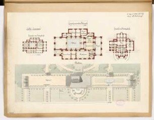 Villa Monatskonkurrenz April 1880: Lageplan, Grundriss Keller, Obergeschoss, Dachgeschoss; 3 Maßstabsleisten