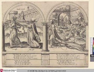 [Zwei biblische Allegorien: Die Verkörperung des Einfallsreichtums und der Mensch tragen eine Madonna auf einer Sänfte / Der Mensch wird vom Tod und der Sünde überfallen; Two biblical allegories: The embodiment of the ingenuity and a human carry a Madonna on a sedan chair / The human will attack from the death and the sin]