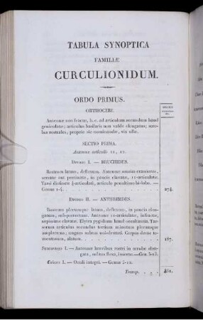 Tabula Synoptica Familiae Curculionidum.