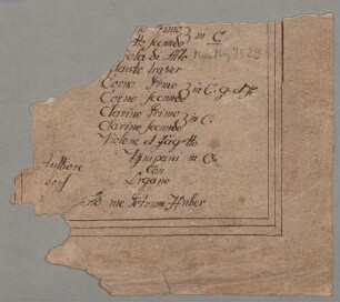 Masses, V (4), Coro, orch, org, C-Dur - BSB Mus.ms. 7529 : [dust cover title:] [...] [Clarinett]o Primo // [brace:] in C // [Clarine]tto secundo // [V]iola di Alto // Flauto traver // Corno Primo // [brace:] in C. G. et F. // Corno secundo // Clarino Primo // [brace:] in C // Clarino secundo // Violone et Fagotto // Tympani in C // con Organo // Ad me Petrum Huber // [left side:] Authhore // Posch