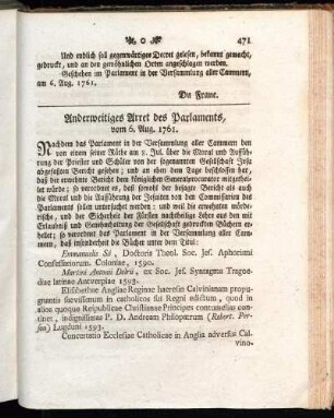 Anderweitiges Arret des Parlaments, vom 6. Aug. 1761.
