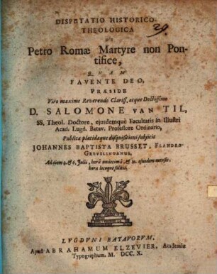 Disp. ... de Petro, Romae martyre, non pontifice