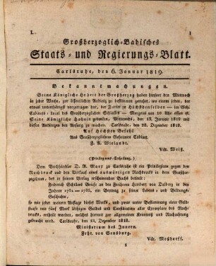 Großherzoglich Badisches Staats- und Regierungsblatt. 1819