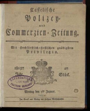1tes Stueck, Montag den 3ten Januar 1803