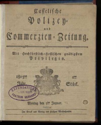 1tes Stueck, Montag den 3ten Januar 1803