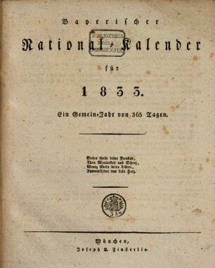 Bayerischer National-Kalender : für .... 1833, 1833
