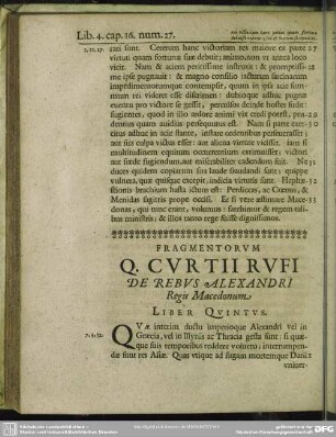 Fragmentorum Q. Curtii Rufi De Rebus Alexandri Regis Macedonum Liber Quintus
