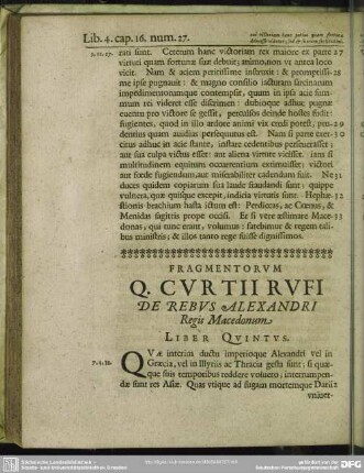 Fragmentorum Q. Curtii Rufi De Rebus Alexandri Regis Macedonum Liber Quintus