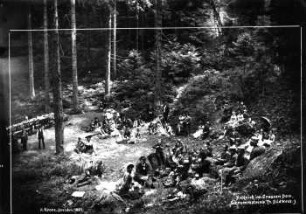 Sächsische Schweiz, Schrammsteine. "Picknick im Großen Dom". Frühjahrsausflug des Gebirgsvereins für die Sächsisch-Böhmische Schweiz am 7. Juli 1883
